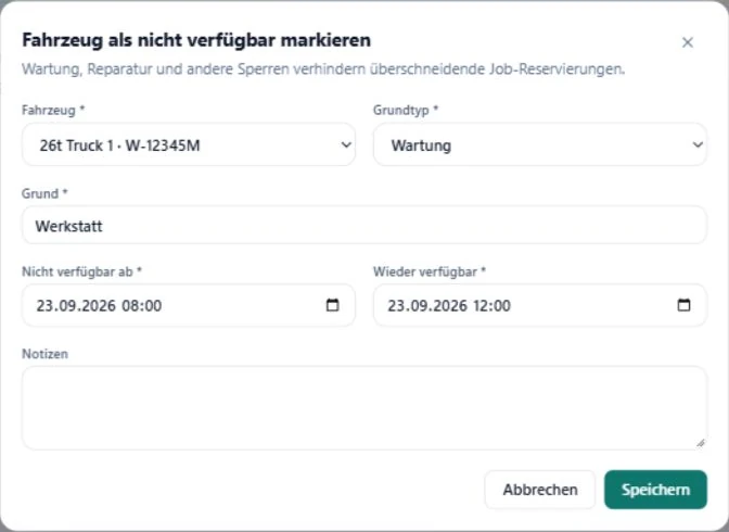 SAVIE vehicle-unavailability form with maintenance type and start and end times