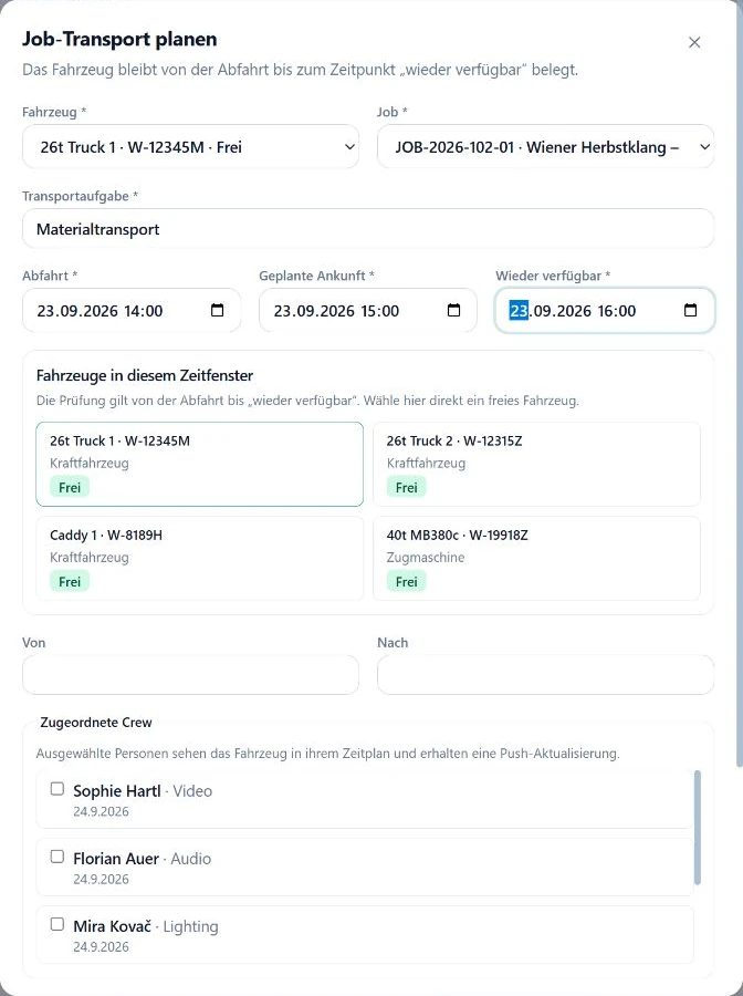 SAVIE job transport dialog with vehicle, job, departure, arrival and available-again fields