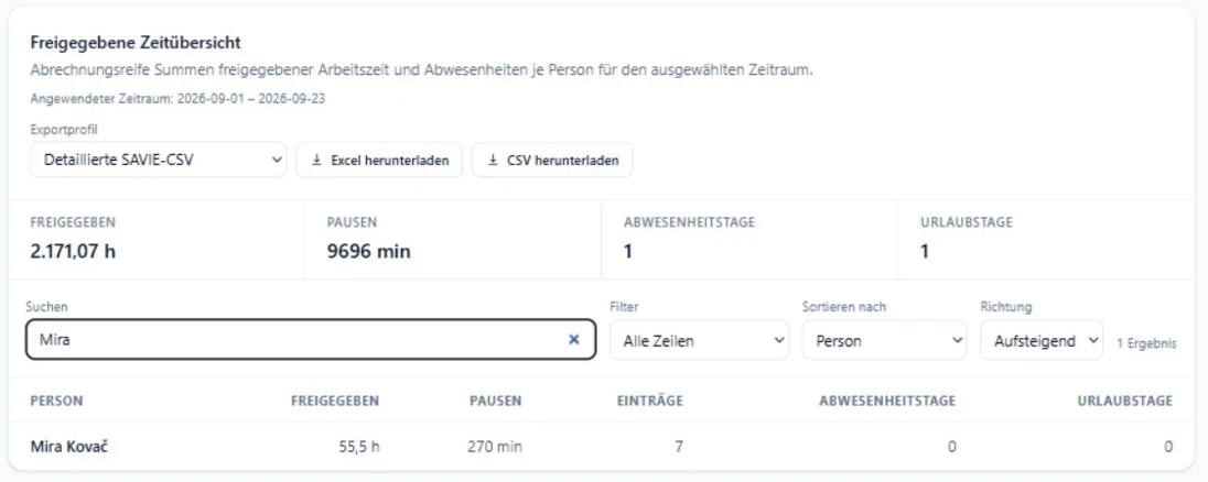 SAVIE-Stundenübersicht mit Zeitraumwahl und Exportmöglichkeiten